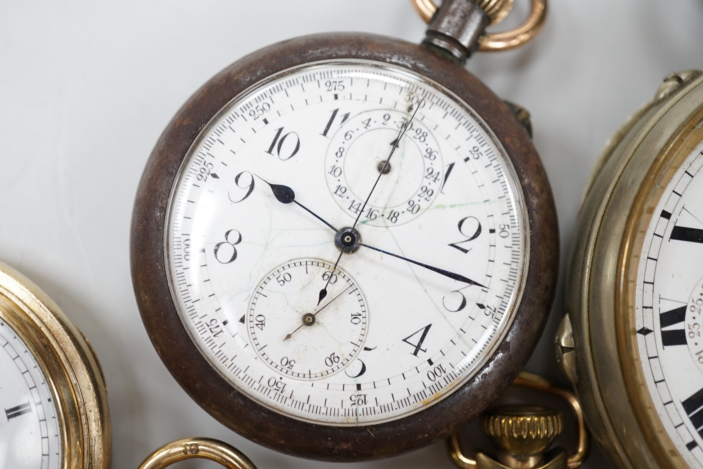 Six assorted gold plated or base metal pocket watches including Goliath calendar moonphase and Russell & Son hunter.